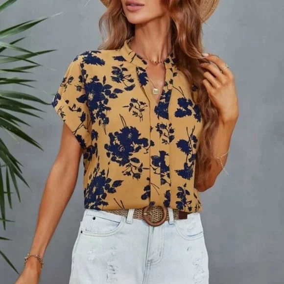 Boho Floral Pattern Notched Neck short sleeve Blouse top Carmel / Blue - Picture 6 of 7